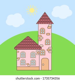 Vector cartoon pink house with a tower with brown roofs in summer