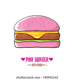 vector cartoon pink king burger with cheese isolated on on white background. Gourmet burger, hamburger, cheeseburger label design element. burger house logo menu concept