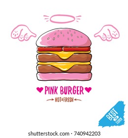 vector cartoon pink king burger with cheese isolated on on white background. Gourmet burger, hamburger, cheeseburger label design element. burger house logo menu concept