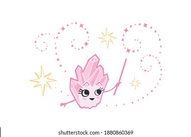 Vector cartoon pink magic crystal character illustration. Perfect print for girls.
