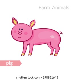 Vector cartoon pink pig isolated background in doodle style
