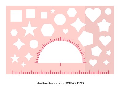 Vector cartoon pink rectangular pattern ruler with protractor and different figures. Back to school.