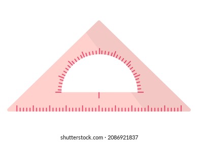 Vector cartoon pink triangular ruler with protractor. Back to school.