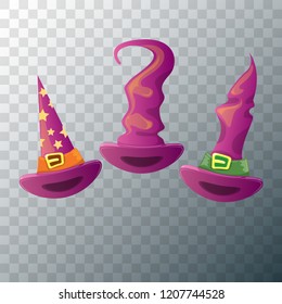 vector cartoon pink witch hat set isolated on transparent background. halloween vintage pink hat icon collection