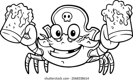 Vector Cartoon Pirate Crab With Beer Line Art