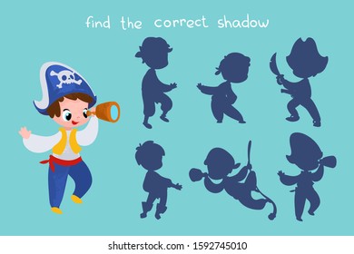 Vector cartoon pirate. Find the correct shadow. Educational game for children. Vector illustrations for children books. 