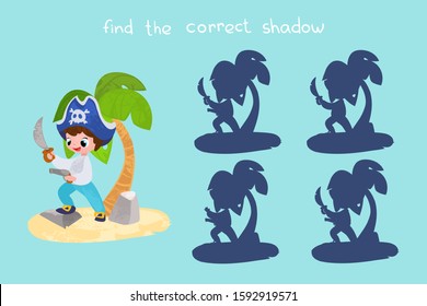 Vector cartoon pirate. Find the correct shadow. Educational game for children. Vector illustrations for children books. 