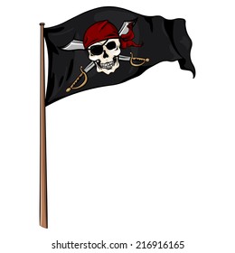 Vector  Cartoon Pirate Flag Fluttering in the Wind. Skull and Cross Swords.