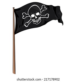 Vector  Cartoon Pirate Flag Fluttering in the Wind. Line Art Skull and Cross Bones.