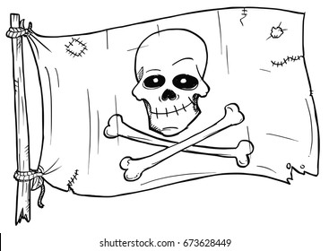 Vector cartoon of pirate flag with human skull and bones crossed