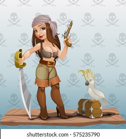 vector cartoon pirate girl with parrot