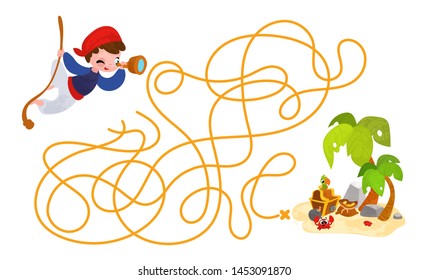 Vector cartoon pirate and island with treasure in children's style. Vector illustrations for children books. Labyrinth. Educational game for children. 