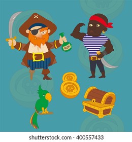 Vector. Cartoon pirate, sailor, parrot, treasure chest, gold, silver