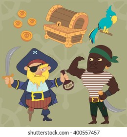 Vector. Cartoon pirate, sailor, parrot, treasure chest, gold, silver