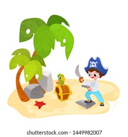 Vector cartoon pirate scene in children's style. Vector illustration in children's style, for children's books, posters, stickers or room decor
