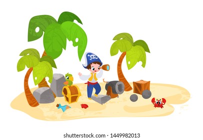 Vector cartoon pirate scene in children's style. Vector illustration in children's style, for children's books, posters, stickers or room decor