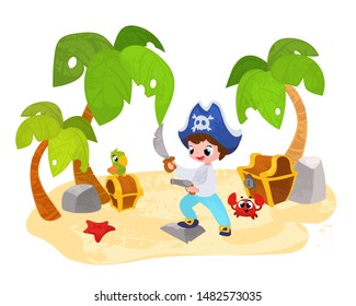 Vector cartoon pirate scene in children's style. Vector illustration in children's style, for children's books, posters, stickers or room decor