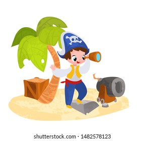 Vector cartoon pirate scene in children's style. Vector illustration in children's style, for children's books, posters, stickers or room decor