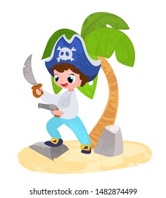 Vector cartoon pirate scene in children's style. Vector illustration in children's style, for children's books, posters, stickers or room decor