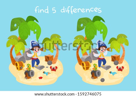 Vector cartoon pirate scene. Vector illustrations for children books. Find 5 differences. Educational game for children.