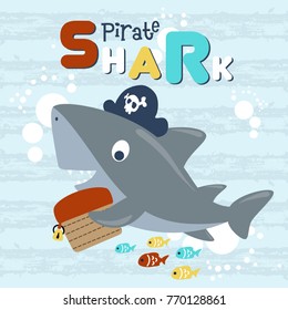 vector cartoon of pirate shark with treasure chest, colorful fishes on cracked striped background