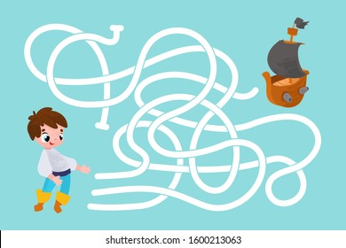 Vector cartoon pirate and ship. Vector illustrations for children books. Labyrinth. Educational game for children. 