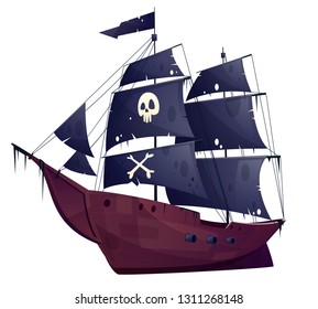 Vector cartoon pirate ship isolated on white background. Wooden boat with black sails, cannons and sailyards. Corvette or frigate with buccaneer flag - skull and bones. Old battleship, barge.