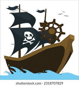 Vector cartoon pirate ship on water, sand beach of the bay. Wooden boat with black sails, cannons goes to the island. Corvette or frigate with skull and bones flag at sea, ocean. Old battleship, barge svg