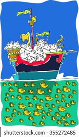 vector cartoon pirate ship and shoal of fishes
