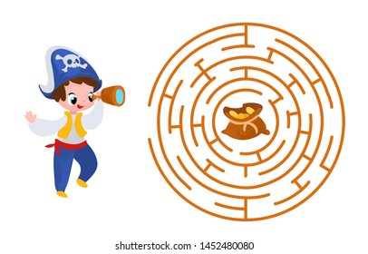 Vector cartoon pirate and treasure in children's style. Vector illustrations for children books. Labyrinth. Educational game for children. 