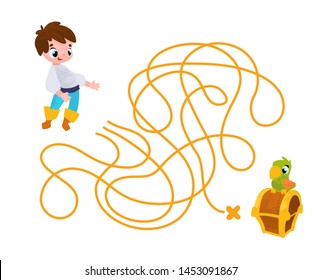 Vector cartoon pirate and treasure in children's style. Vector illustrations for children books. Labyrinth. Educational game for children. 
