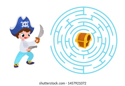 Vector cartoon pirate and treasure in children's style. Vector illustrations for children books. Labyrinth. Educational game for children. 