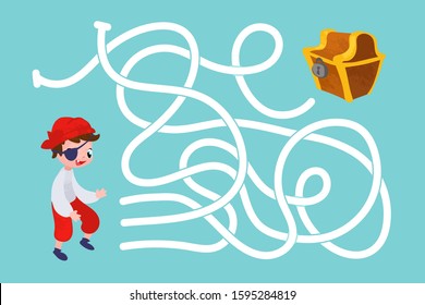 Vector cartoon pirate and treasure. Vector illustrations for children books. Labyrinth. Educational game for children. 