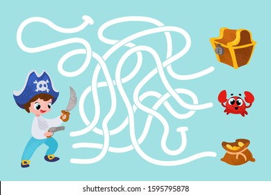 Vector cartoon pirate and treasure. Vector illustrations for children books. Labyrinth. Educational game for children. 