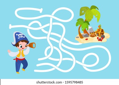 Vector cartoon pirate and treasure. Vector illustrations for children books. Labyrinth. Educational game for children. 