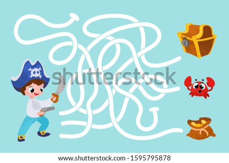 Vector cartoon pirate and treasure. Vector illustrations for children books. Labyrinth. Educational game for children. 