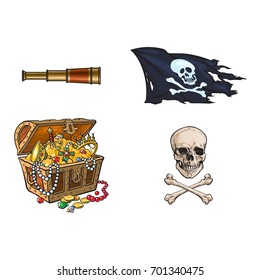 vector cartoon pirates symbols set isolated iilustration on a white background. Skull and cross bones jolly roger flag, treasure chest full of gold, spyglass sail telescope