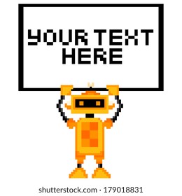 Vector Cartoon Pixel Art Robot Holding A Sign