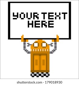 Vector Cartoon Pixel Art Robot Holding A Sign