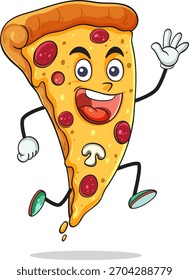 Vector cartoon pizza slice character jumping, smiling, with pepperoni, mushroom, bold outlines, white background