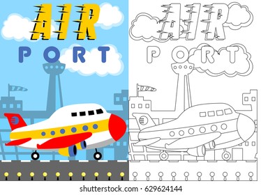 vector cartoon of plane in airport, coloring page or book