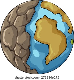 Vector de dibujos animados Planeta Tierra con superficie rocosa agrietada y continentes simplificados rodeados de agua