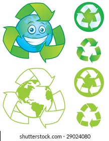 Vector cartoon planet Earth with recycle symbols and icons. Great mascot or logo for going green..