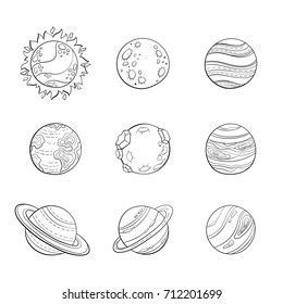 Vector cartoon planets, education space illustration for adult antistress coloring page. Set of isolated stylized planets, hand drawn sketch style. Sun, mars and venus, earth, saturn with rings.