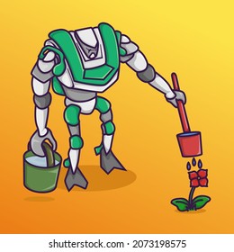 vector cartoon plant lover robot watering flowers