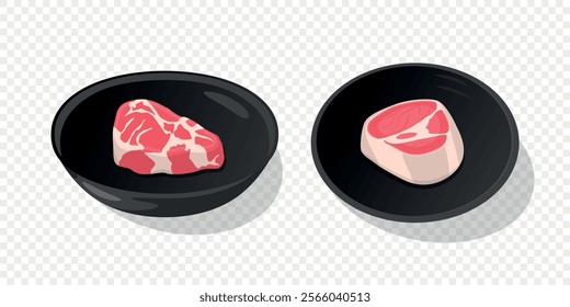 Vector Cartoon Plate Set with Meat. Bone-in Steak, Tender Marbled Steak on Plate. Flat Cartoon Black Plate. Plate with Meat Steak