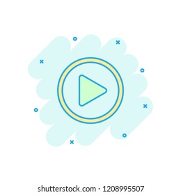 Vector cartoon play button icon in comic style. Play video sign illustration pictogram. Media panel business splash effect concept.