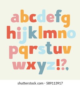 Vector cartoon playful kid lower case font in different color. Question, exclamation point,