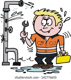 Vector Cartoon Of Plumber Fixing Leaky Pipe