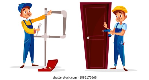 Vector cartoon plumber and technician worker characters set. Male professional service man in uniform installing door holding screwdriver, repairing plumbing, water or gas pipe with spanner gas wrench